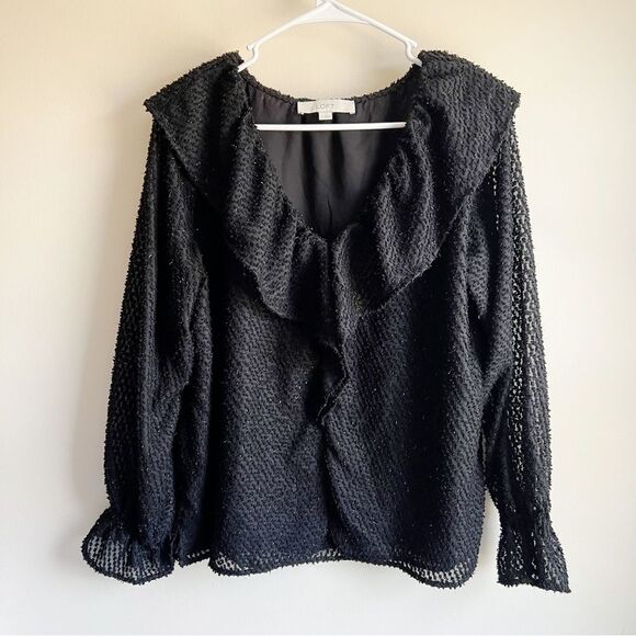 Loft Black Shimmer Clip Ruffle Long Sleeve Blouse - Picture 1 of 6